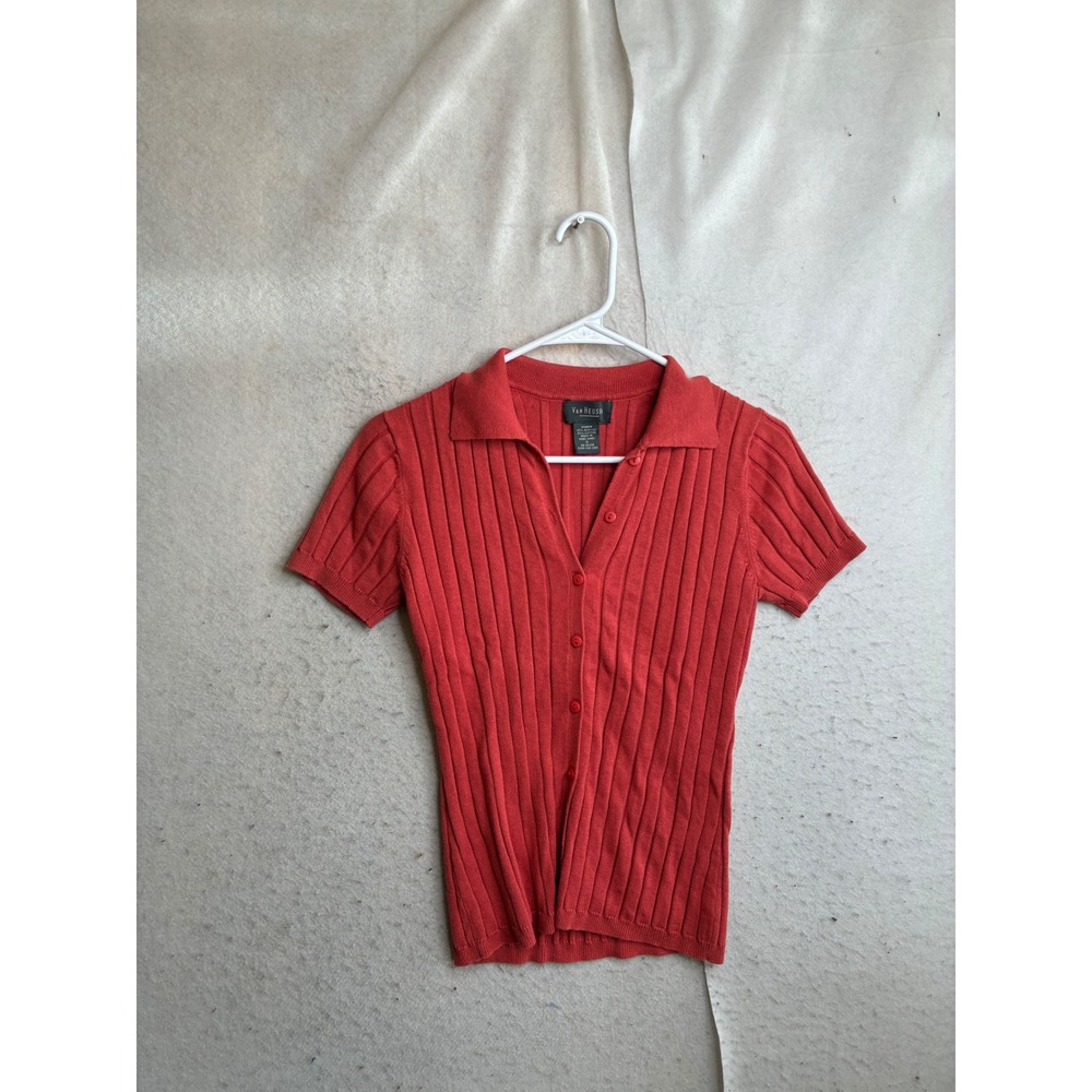 Van Heusen Women Red Ribbed Knit Short Sleeve Button Front Polo Sweater Small
